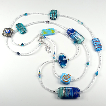 Aqua lamp-work beads & crystal, long necklace