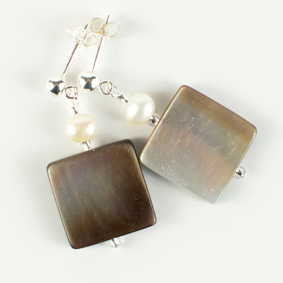 Mother of pearl squares & freshwater pearl post earrings