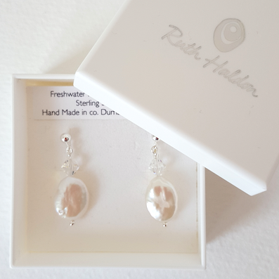 White oval freshwater pearls and crystal post earrings