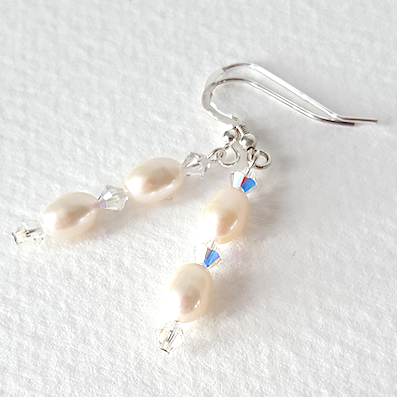 White rice freshwater pearl and crystal hook earrings
