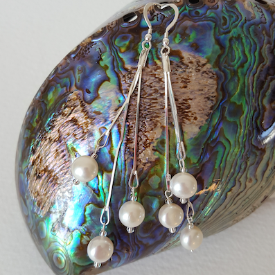 White triple drop freshwater pearl earrings