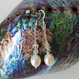 Freshwater pearl drop with rock crystals, long hook earrings.