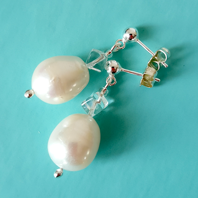 White large freshwater pearls and rock crystal post earrings