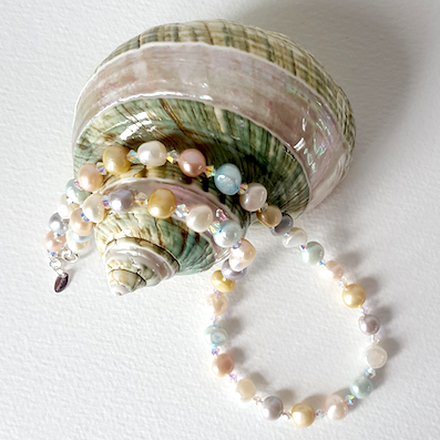Pastel freshwater pearls with crystals necklace