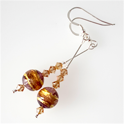 Purple/golden swirl Murano hook earrings