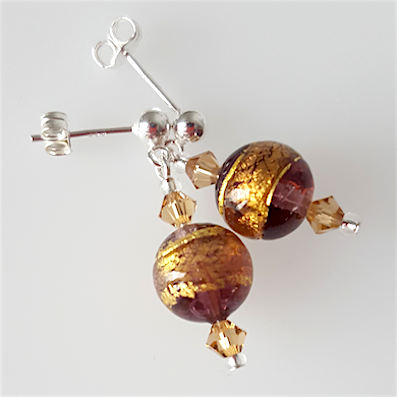 Purple/golden swirl Murano post earrings