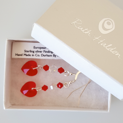 Bright red crystal heart hook earrings